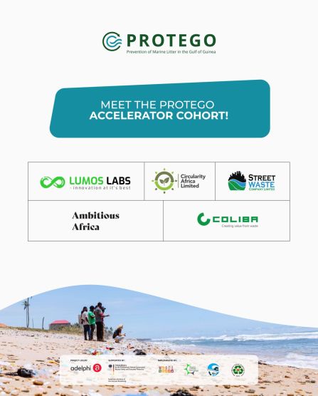The image features the PROTEGO logo and the tagline &ldquo;Prevention of Marine Litter in the Gulf of Guinea.&rdquo; Below, a bold banner reads &ldquo;Meet the PROTEGO Accelerator Cohort!&rdquo; The logos and names of five organisations are displayed in a grid: Lumos Labs, Circularity Africa Limited, Street Waste Company Limited, Ambitious Africa, and COLIBA. At the bottom, there is a photo of people cleaning up litter on a beach.